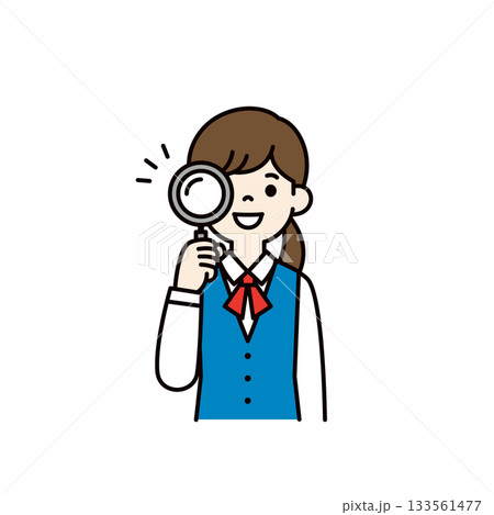 虫眼鏡を覗いて分析する、制服を着た若い女性のシンプルな上半身ベクターイラスト素材＿カラー 133561477