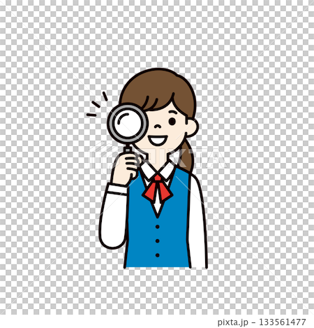 虫眼鏡を覗いて分析する、制服を着た若い女性のシンプルな上半身ベクターイラスト素材＿カラー 133561477