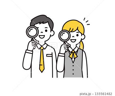虫眼鏡を覗いて検索する、若い男性社員と女性社員のシンプルな上半身ベクターイラスト素材 133561482