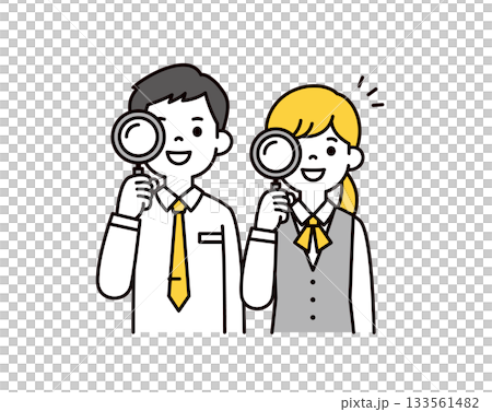 虫眼鏡を覗いて検索する、若い男性社員と女性社員のシンプルな上半身ベクターイラスト素材 133561482