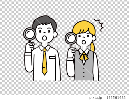 一幅簡單的上半身向量插圖，描繪了一名年輕男性和一名年輕女性員工拿著放大鏡感到驚訝的情景。 133561483