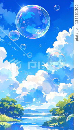 公園の青空に浮かぶシャボン玉の水彩画風イラスト 133561500