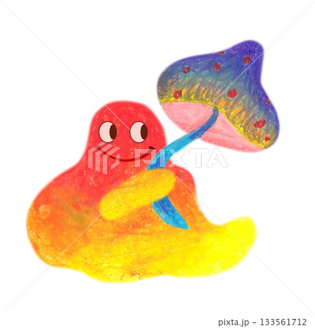 Orange yellow fuzzy creature with blue mushroom. Oil pastel drawn illustration. For playful designs, games settings, toys for kids and children, stickers, greeting cards and banners clip arts. 133561712