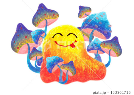 Yellow fuzzy creature in blue mushrooms. Oil pastel drawn illustration. For playful designs, games settings, toys for kids and children, stickers, greeting cards and banners clip arts. 133561716