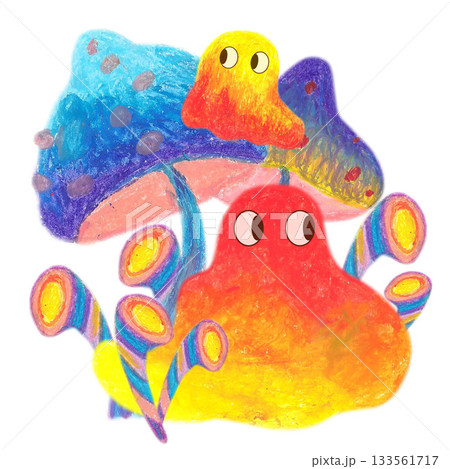 Two fuzzy creature in blue mushrooms and candies. Oil pastel drawn illustration. For playful designs, games settings, toys for kids and children, stickers, greeting cards and banners clip arts. Two fuzzy creature in blue mushrooms and candies. Oil pastel drawn illustration. For playful designs, games settings, toys for kids and children, stickers, greeting cards and banners clip arts. 133561717