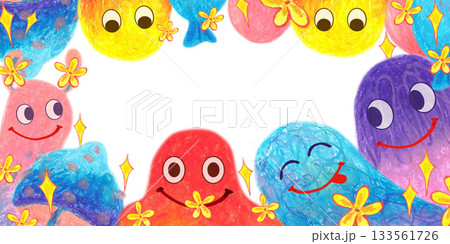 Rectangular frame with fuzzy creatures stars and flowers Oil pastel drawn illustration. For playful designs, games settings, toys for kids and children, stickers, greeting cards and banners clip arts. 133561726