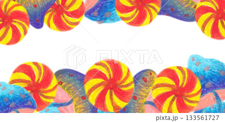 Rectangular frame with fuzzy mushrooms and lollipops. Oil pastel drawn illustration. For playful designs, games settings, toys for kids and children, stickers, greeting cards and banners clip arts. 133561727