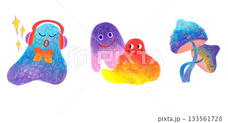 Fuzzy creatures with headphones and mushrooms. Oil pastel drawn illustration set. For playful designs, games settings, toys for kids and children, stickers, greeting cards and banners clip arts. 133561728