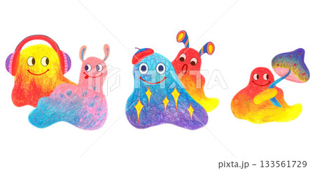 Funny fuzzy creatures with headphones and mushrooms. Oil pastel drawn illustration set. For playful designs, games settings, toys for kids and children, stickers, greeting cards and banners clip arts. 133561729