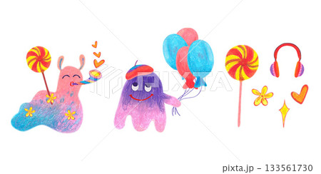 Fuzzy creatures with headphones and candies, lollipop heart star. Oil pastel drawn set. For playful designs, games settings, toys for kids and children, stickers, greeting cards and banners clip arts. Fuzzy creatures with headphones and candies, lollipop heart star. Oil pastel drawn set. For playful designs, games settings, toys for kids and children, stickers, greeting cards and banners clip arts. 133561730
