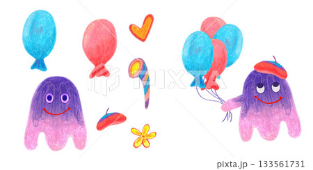 Fuzzy creatures with knitted beret and candies, heart flower. Oil pastel drawn set. For playful designs, games settings, toys for kids and children, stickers, greeting cards and banners clip arts. Fuzzy creatures with knitted beret and candies, heart flower. Oil pastel drawn set. For playful designs, games settings, toys for kids and children, stickers, greeting cards and banners clip arts. 133561731
