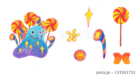 Violet fuzzy creature lollipops hearts stars bow. Oil pastel drawn illustration set. For playful designs, games settings, toys for kids and children, stickers, greeting cards and banners clip arts. 133561732
