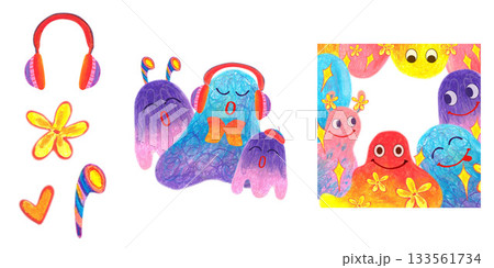 Frame and fuzzy creatures bloom headphones flowers. Oil pastel drawn illustration set. For playful designs, games settings, toys for kids and children, stickers, greeting cards and banners clip arts. 133561734