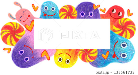 Template of fuzzy creatures lollipops and hearts. Oil pastel drawn illustration. For playful designs, games settings, toys for kids and children, stickers, greeting cards and banners clip arts. Template of fuzzy creatures lollipops and hearts. Oil pastel drawn illustration. For playful designs, games settings, toys for kids and children, stickers, greeting cards and banners clip arts. 133561735