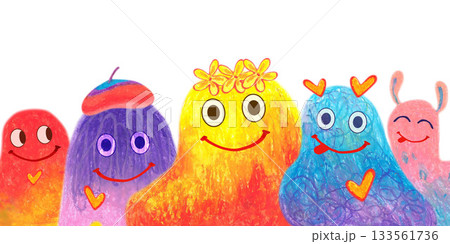 Template of fuzzy creatures with flowers and hearts. Oil pastel drawn illustration. For playful designs, games settings, toys for kids and children, stickers, greeting cards and banners clip arts. Template of fuzzy creatures with flowers and hearts. Oil pastel drawn illustration. For playful designs, games settings, toys for kids and children, stickers, greeting cards and banners clip arts. 133561736