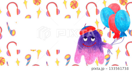Fuzzy creatures in beret candies headphones balloons frame. Oil pastel drawn. For playful designs, games settings, toys for kids and children, stickers, greeting cards and banners clip arts. 133561738