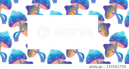 Template with blue violet pink mushrooms. Oil pastel drawn illustration. For playful designs, games settings, toys for kids and children, stickers, greeting cards and banners clip arts. 133561739