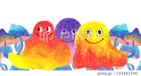 Border of fuzzy creatures with violet mushrooms. Oil pastel drawn illustration. For playful designs, games settings, toys for kids and children, stickers, greeting cards and banners clip arts. Border of fuzzy creatures with violet mushrooms. Oil pastel drawn illustration. For playful designs, games settings, toys for kids and children, stickers, greeting cards and banners clip arts. 133561740