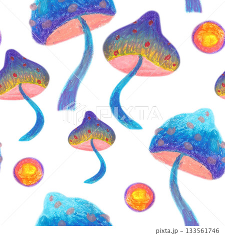 Blue violet pink mushrooms and flash lights. Oil pastel drawn seamless pattern. For playful designs, games settings, toys for kids and children, stickers, greeting cards and banners clip arts. 133561746