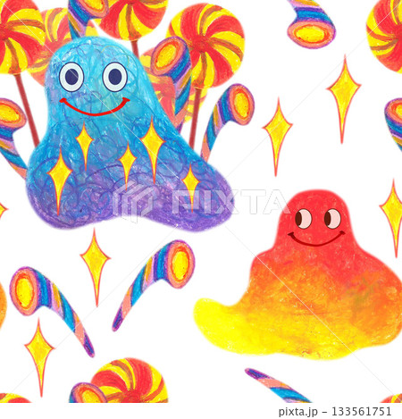 Violet red fuzzy creatures lollipops stars. Oil pastel drawn seamless pattern. For playful designs, games settings, toys for kids and children, stickers, greeting cards and banners clip arts. Violet red fuzzy creatures lollipops stars. Oil pastel drawn seamless pattern. For playful designs, games settings, toys for kids and children, stickers, greeting cards and banners clip arts. 133561751