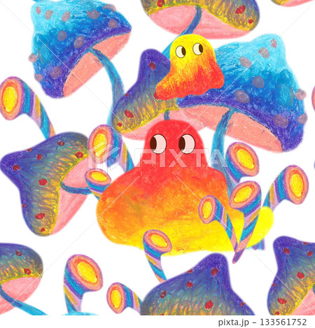 Red yellow fuzzy creature in blue mushrooms candies. Oil pastel drawn seamless pattern. For playful designs, games settings, toys for kids and children, stickers, greeting cards and banners clip arts. Red yellow fuzzy creature in blue mushrooms candies. Oil pastel drawn seamless pattern. For playful designs, games settings, toys for kids and children, stickers, greeting cards and banners clip arts. 133561752