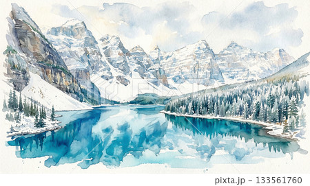 雪が積もった冬の山と青い湖 水彩画風 雪が積もった冬の山と青い湖 水彩画風 133561760
