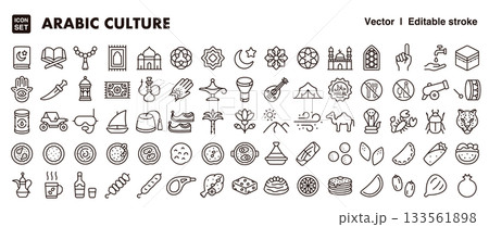 中東、アラブ文化のアイコンセット（細線・ベクター素材）　イスラム文化、食、観光向けベクター素材 133561898
