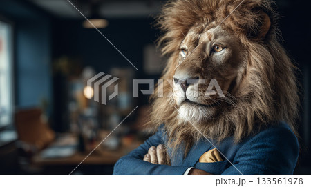 スーツを着たライオンが腕組みするリーダーシップ象徴「生成AI」 133561978
