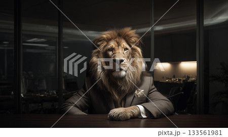 デスクに座るスーツ姿のライオン「生成AI」 133561981