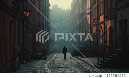 早朝のヨーロッパ街並みを歩く人物の後ろ姿「生成AI」 133561985