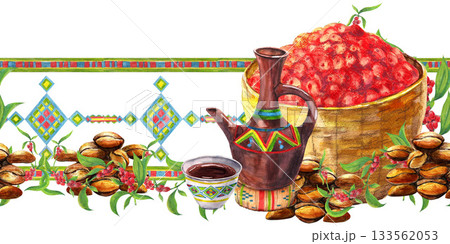 Ethiopian traditional coffee clay dishes with ornament, wicker basket with ripe coffee cherries, arabica roasted beans. Watercolor seamless border. For culinary books, cafe menu banners, cards. Ethiopian traditional coffee clay dishes with ornament, wicker basket with ripe coffee cherries, arabica roasted beans. Watercolor seamless border. For culinary books, cafe menu banners, cards. 133562053