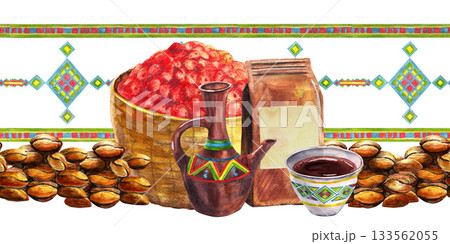 Ornamented Ethiopian traditional coffee clay pot and bowl, straw wicker stand, arabica roasted beans, craft paper bag. Watercolor seamless border. For culinary books, cafe menu banners, cards. 133562055