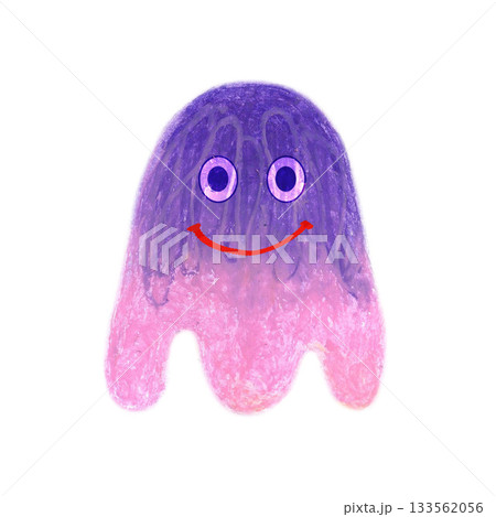 Violet pink fuzzy creature cute and smiling. Oil pastel drawn illustration isolated. For playful designs, games settings, toys for kids and children, stickers, greeting cards and banners clip arts. Violet pink fuzzy creature cute and smiling. Oil pastel drawn illustration isolated. For playful designs, games settings, toys for kids and children, stickers, greeting cards and banners clip arts. 133562056
