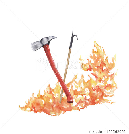 Firefighter equipment: axe, a pike pole with fire 133562062