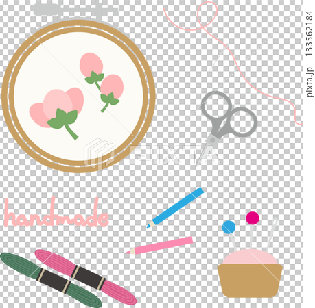 刺繡工具插畫組：繡框、繡線、繡針、粉筆等。 133562184