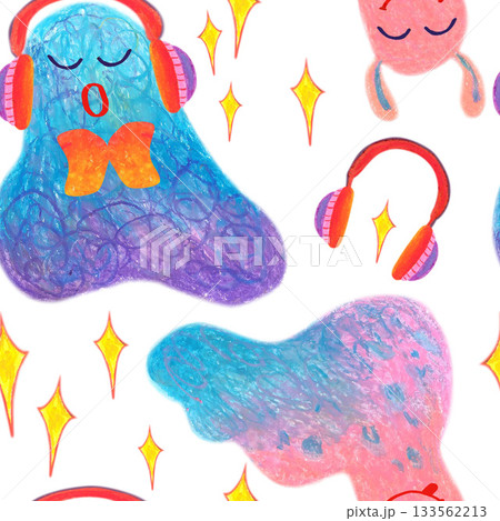 Stars fuzzy creatures with headphones singing sons. Oil pastel drawn seamless pattern. For playful designs, games settings, toys for kids and children, stickers, greeting cards and banners clip arts. Stars fuzzy creatures with headphones singing sons. Oil pastel drawn seamless pattern. For playful designs, games settings, toys for kids and children, stickers, greeting cards and banners clip arts. 133562213