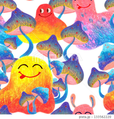 Fuzzy creatures red yellow violet, blue mushrooms. Oil pastel drawn seamless border. For playful designs, games settings, toys for kids and children, stickers, greeting cards and banners clip arts. 133562220