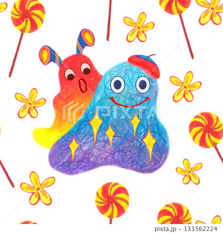 Colorful fuzzy creatures in knitted beret lollipops. Oil pastel drawn seamless pattern. For playful designs, games settings, toys for kids and children, stickers, greeting cards and banners clip arts. 133562224