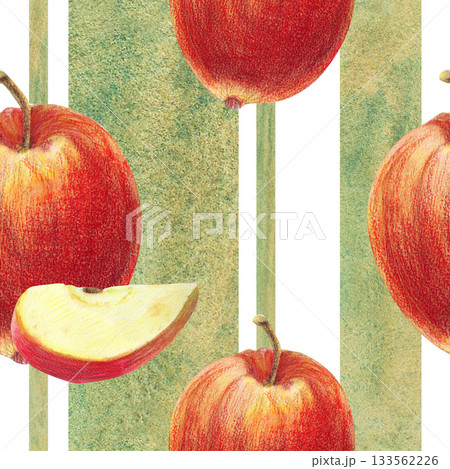 Wide and narrow green stripes Red ripe apples and slices on white background. Watercolor seamless pattern. For cooking books, magazines, gardens sketches, restaurant menu design, banners postcards. 133562226
