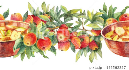 Red ripe apples with leaves on branch, round copper pan with jam and wooden handle. Color pencil seamless border. For cookbooks, kitchen interior, restaurant menu, advertising design, banners, cards. 133562227