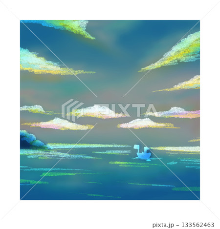 Artistic color illustration of small boat in serene sky and sea background Artistic color illustration of small boat in serene sky and sea background 133562463