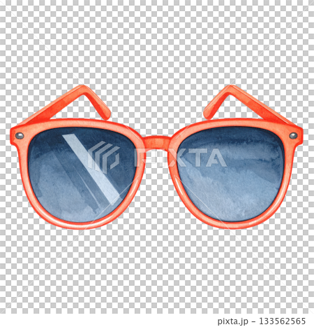 Watercolor sunglasses with orange frame, isolated on transparent background, summer vacation and eye protection concepts. 133562565
