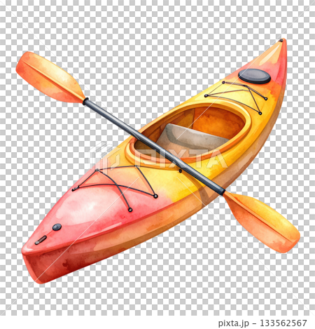 Watercolor kayak with paddle, isolated on transparent background, for water sport, recreation and summer activity concepts. 133562567