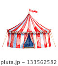 Watercolor circus tent, red and white striped, isolated on transparent background, with flag on top. Celebration, fun, fair. 133562582