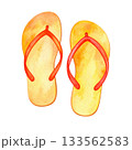 Pair of yellow flip flops with red straps, isolated on transparent background, summer, vacation, footwear. 133562583
