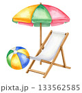 Watercolor beach chair, beach umbrella, and ball, isolated on transparent background. Summer vacation, holiday, relaxation. 133562585