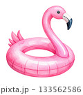 Watercolor pink flamingo pool float isolated on transparent background, summer fun, and vacation concept. 133562586