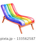 Watercolor illustration of a rainbow colored beach chair, isolated on transparent background, summer vacation, relaxation, and pride. 133562587