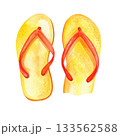 Watercolor illustration of yellow flip flops with red straps, isolated on transparent background, summer footwear, fashion and beachwear concepts. 133562588