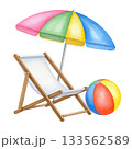 Watercolor beach umbrella, chair and ball isolated on transparent background. Summer vacation, relaxation, holiday concepts. 133562589
